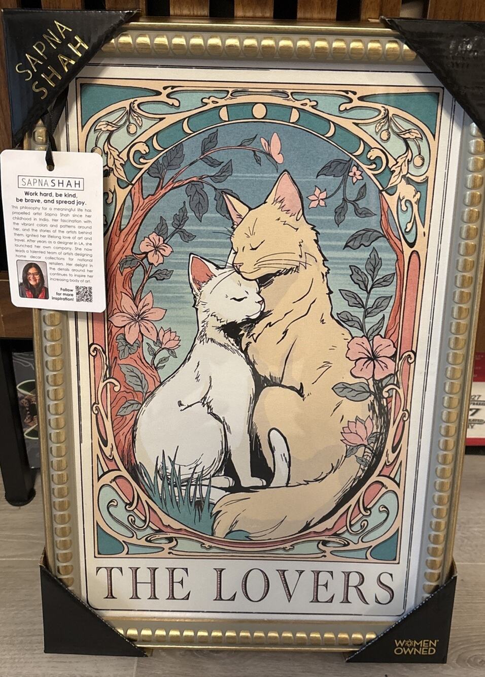 New Sapna Shah Framed Wall Art 2 Cats “The Lovers” 18”x 12” Home Decor